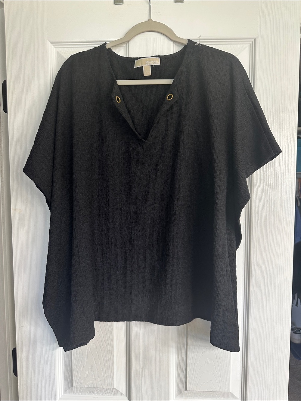 Michael Kors Black V-Neck Short Sleeve Top with Gold Grommets